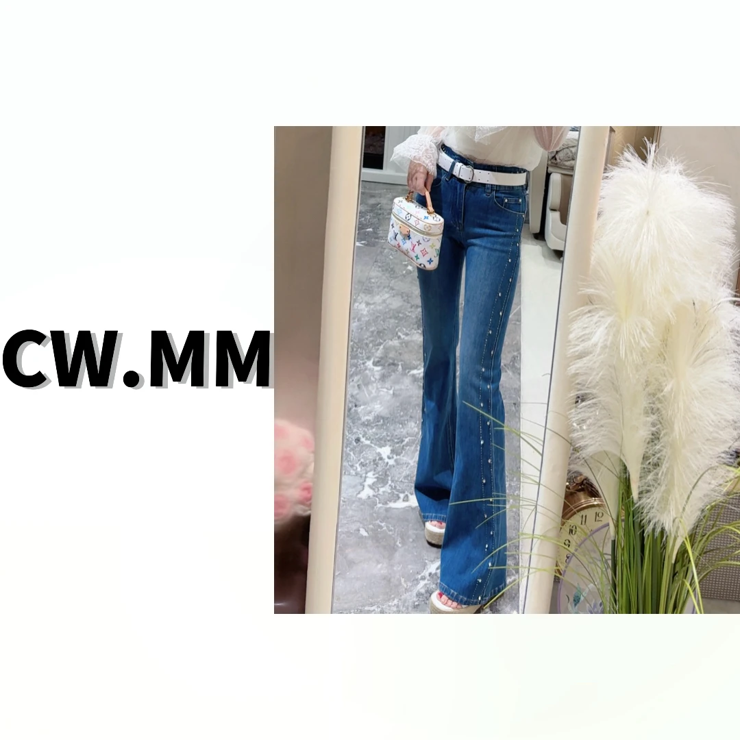 CW.MM 【线条密码】新款蓝色设计感显瘦订钻微喇牛仔裤