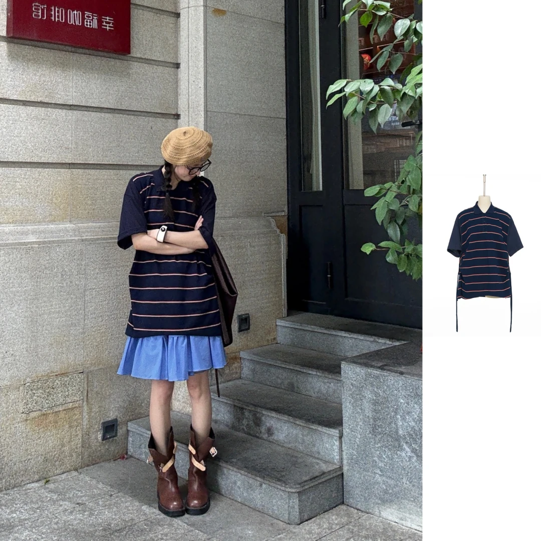 PUSHBUTTON  25早秋新品宽松ol条纹运动女士T恤短袖POLO领休闲女