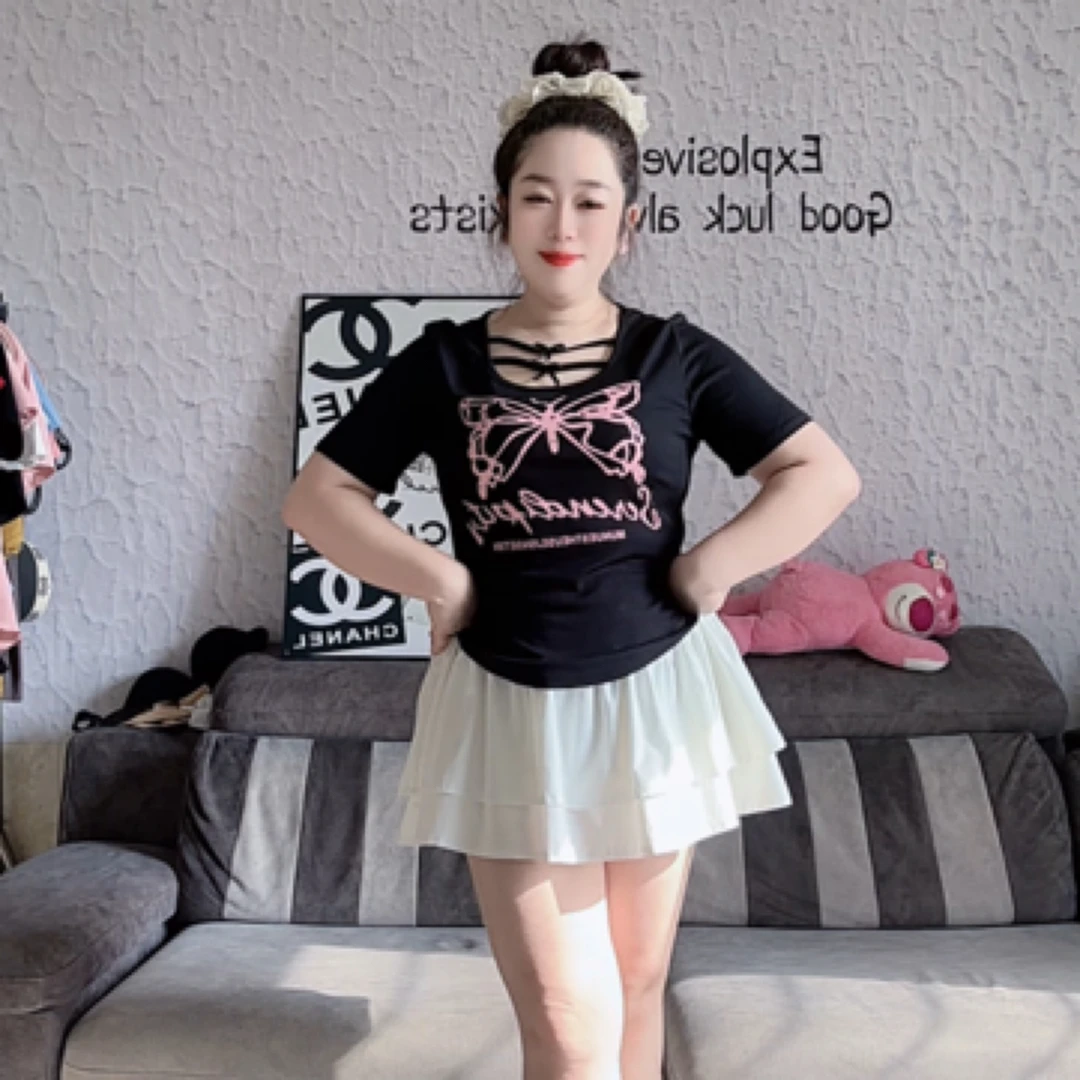 依依家大码女装1038蝴蝶结设计蝴蝶印花纯欲显瘦半袖百搭上衣