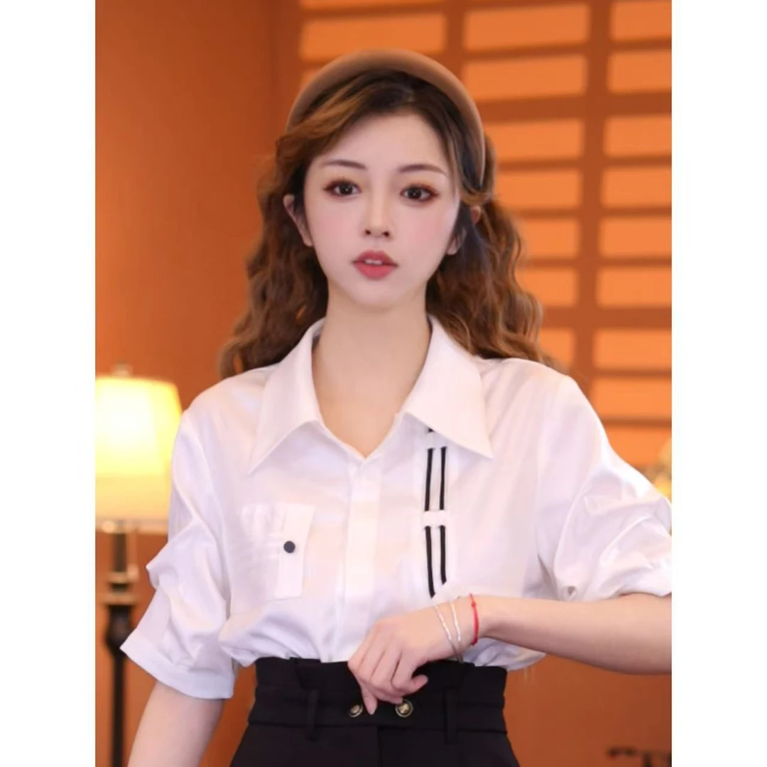 乐乐【黑白黎明】港味复古时尚气质短袖上衣01855