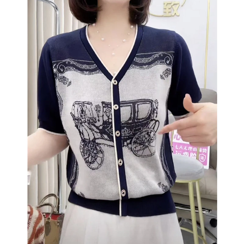 提花夏季新款莱赛尔天丝短袖宽松显瘦拼色针织小衫t恤女士V领上衣