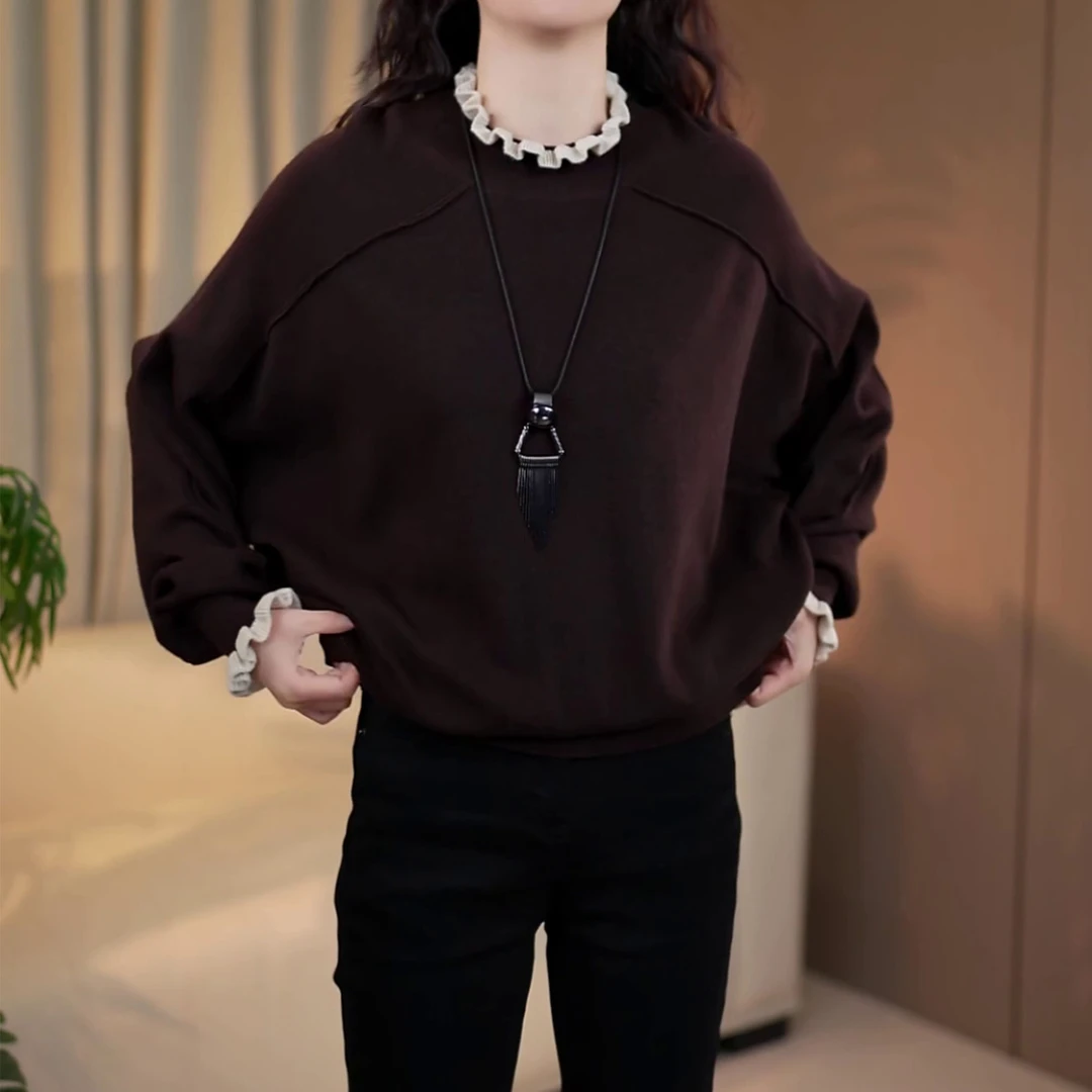 2025秋冬新款时尚洋气显瘦减龄套头针织衫韩版百搭木耳边打底上衣