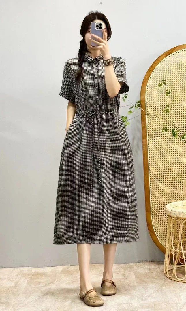 25春夏双色织雨露亚麻法式复古格子连衣裙显瘦 1153