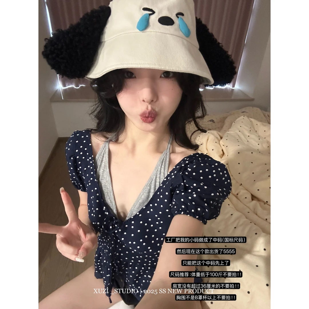 徐子 芭提雅红茶·假两件雪纺挂脖泡泡袖波点短款夏季度假娃娃衫