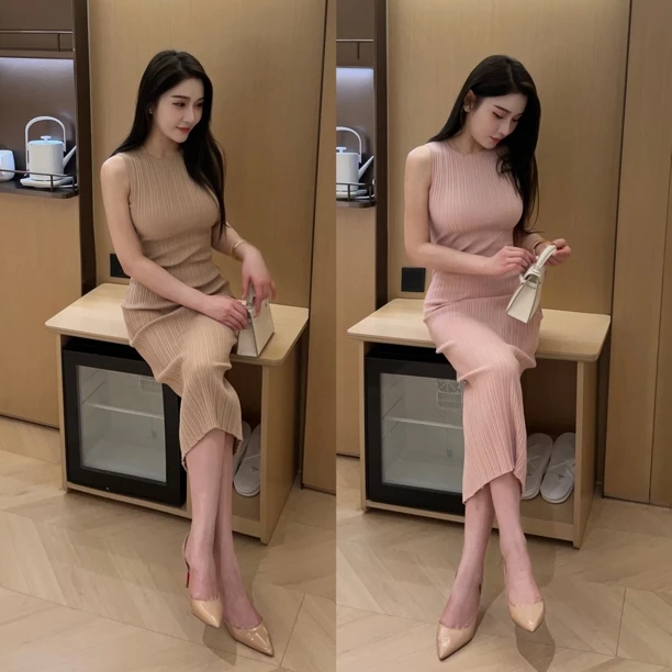 温润如玉 修身包臀长裙纯欲肌理感收腰卡其连衣裙2025春季新款女