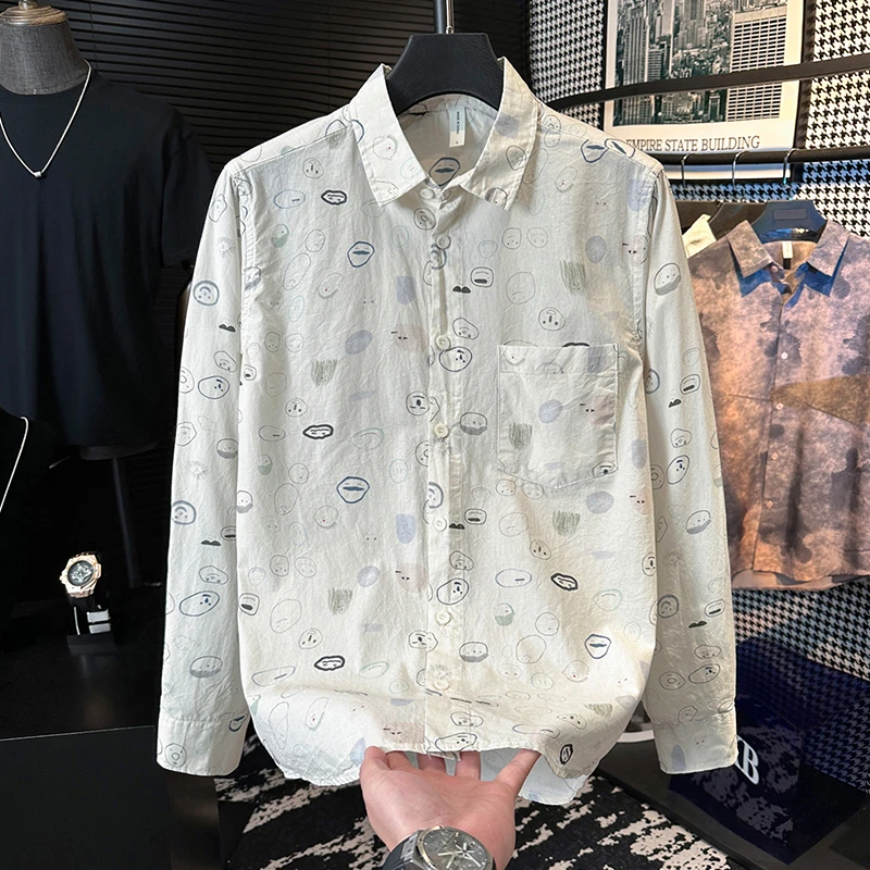 DBXB潮牌卡通印花清新长袖衬衫男秋季时尚百搭休闲帅气宽松衬衣潮