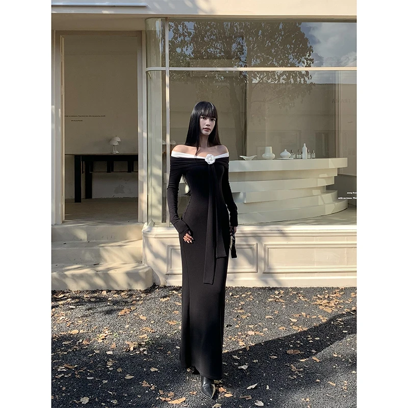 VENUIE【山茶弥香】小香风黑白撞色褶皱翻领一字肩包臀裙23431