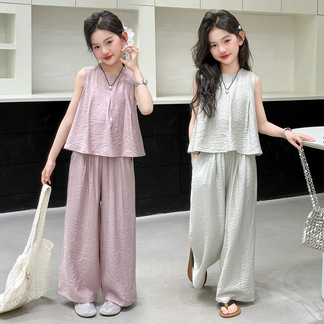 女童套装夏季2025新款洋气儿童时髦纯色无袖阔腿裤女孩夏装两件套