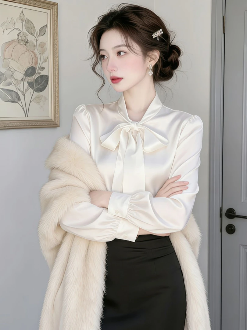 法式高级感超好看高端气质白色缎面衬衫2026春季新款小衫衬衣女装