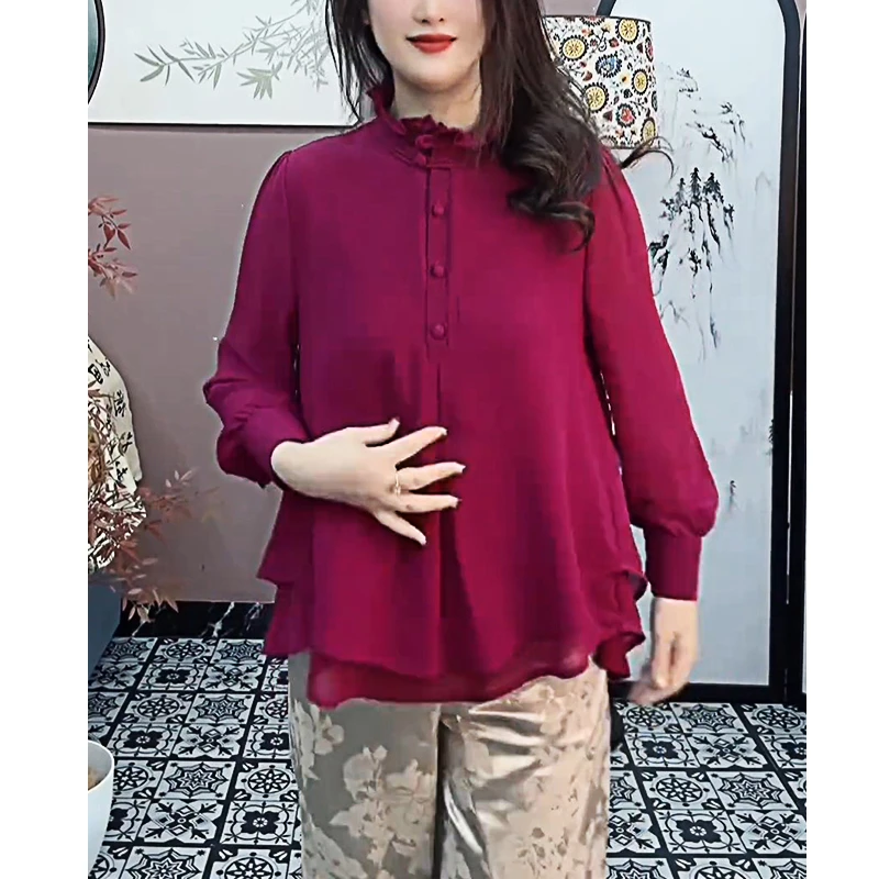 2025春季新款宽松显瘦国风长袖小衫上衣女洋气木耳领双层雪纺衬衫