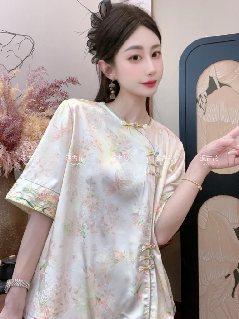 【兰舟渡】2025夏季百搭显瘦新中式短袖女日常T恤宽松圆领