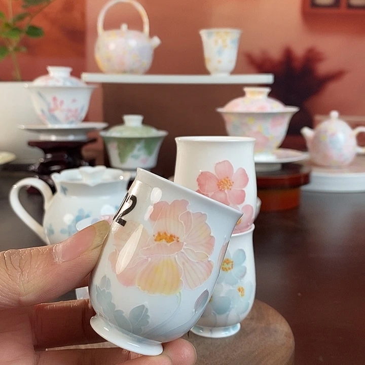 虞美人品茗杯手绘釉下高温