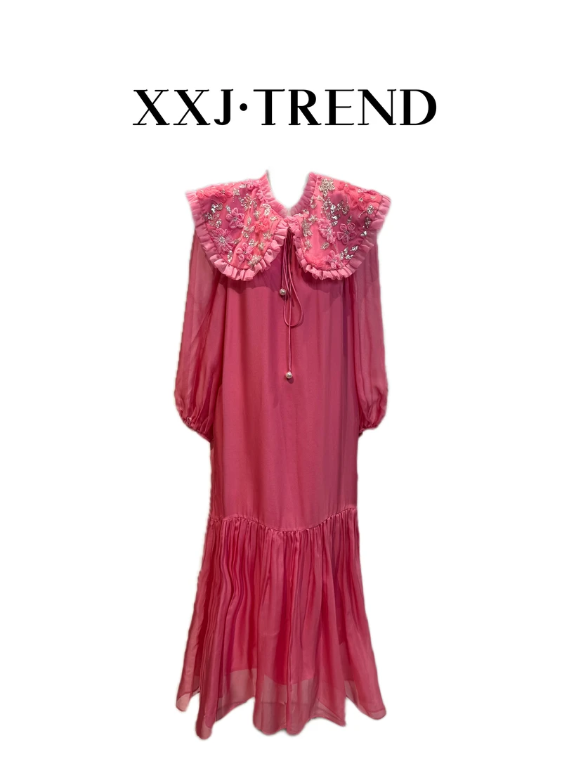 XXJ 花篱 定制云肩领桑蚕丝减龄拼接鱼尾仙女度假连衣裙（7277）