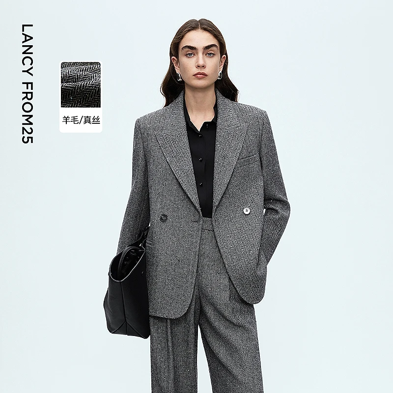 朗姿复古人字纹羊毛西装气质通勤高智时尚西服外套2025年冬季新款