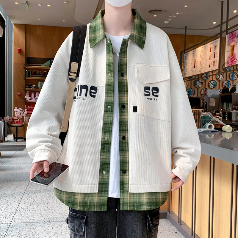 2025春秋新款青少年男生衬衫领假两件外套美式休闲学生百搭款夹克