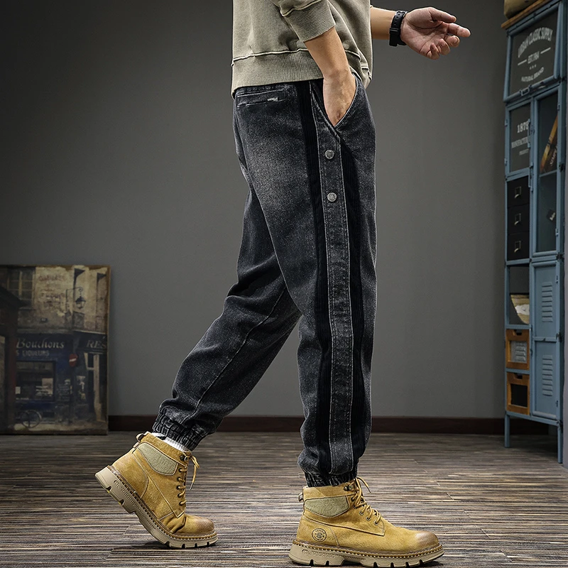 重磅工装牛仔裤男2025秋季新款美式复古拼接条纹撞色束脚哈伦裤子