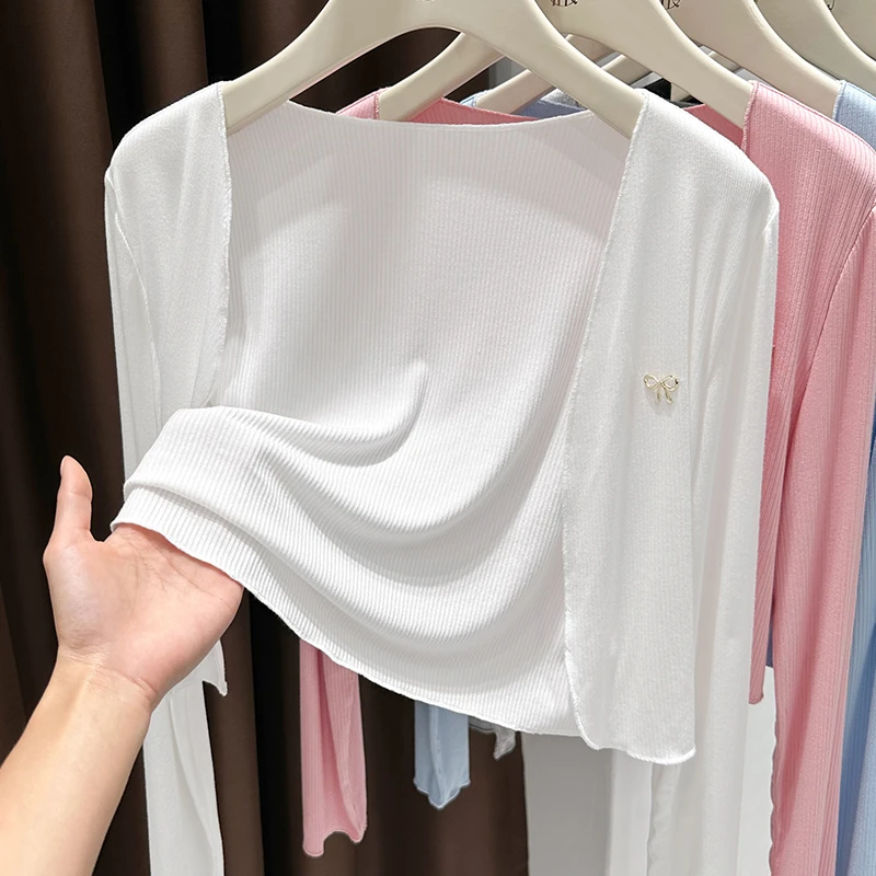 白色蝴蝶结针织开衫女夏季配吊带裙外搭防晒罩衫薄款冰丝长袖上衣