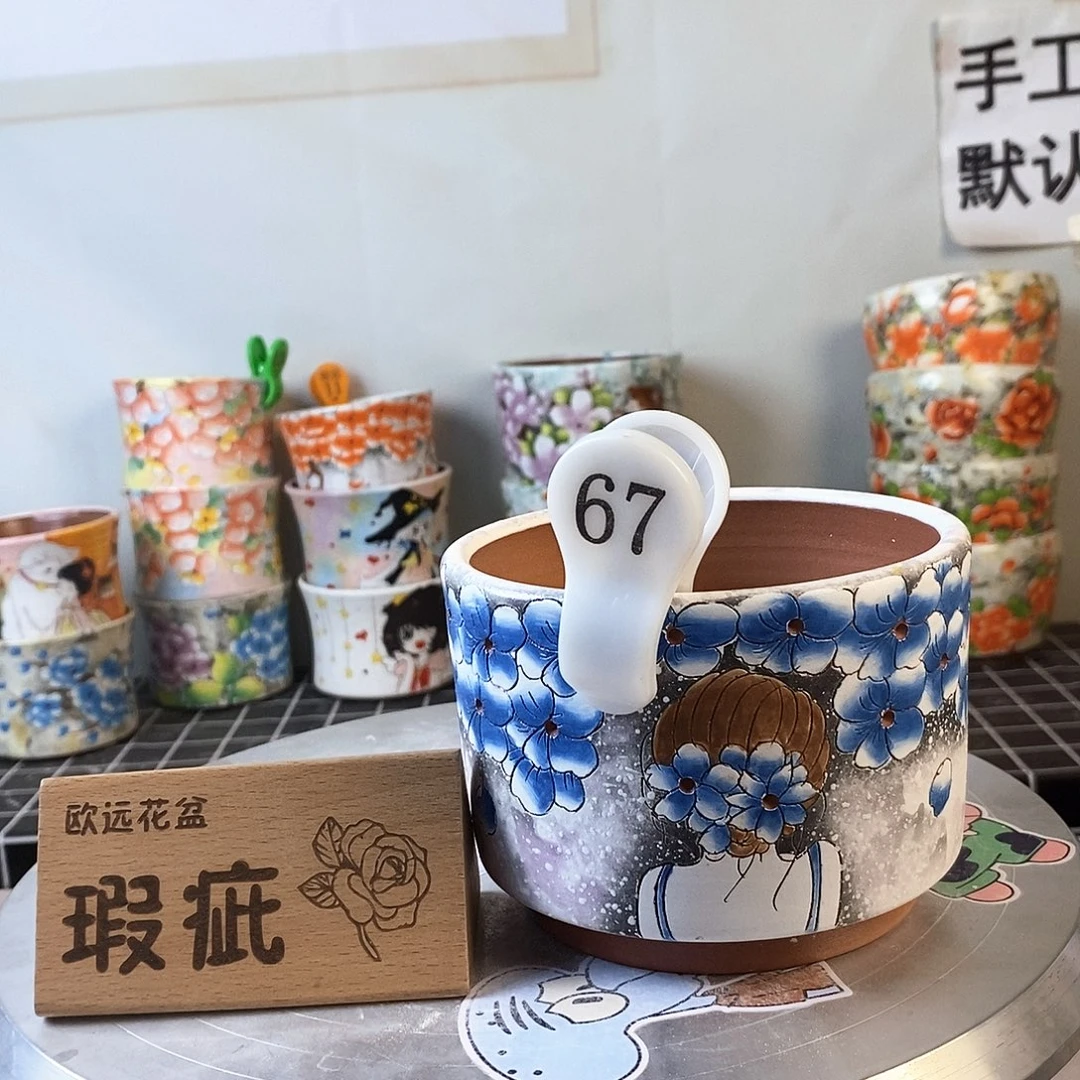 紫砂花盆红陶手绘花盆