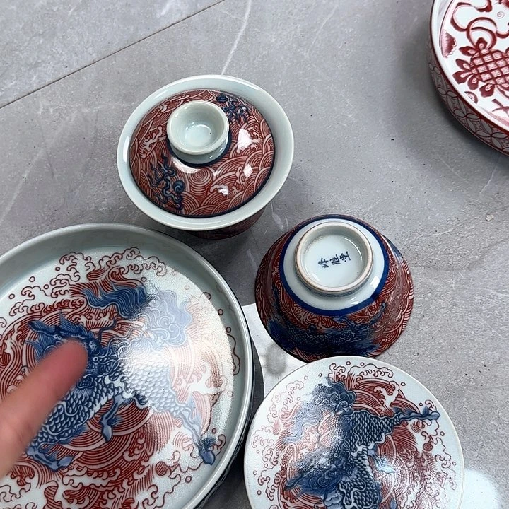 瓷片釉里红麒麟踏浪4件套景德镇