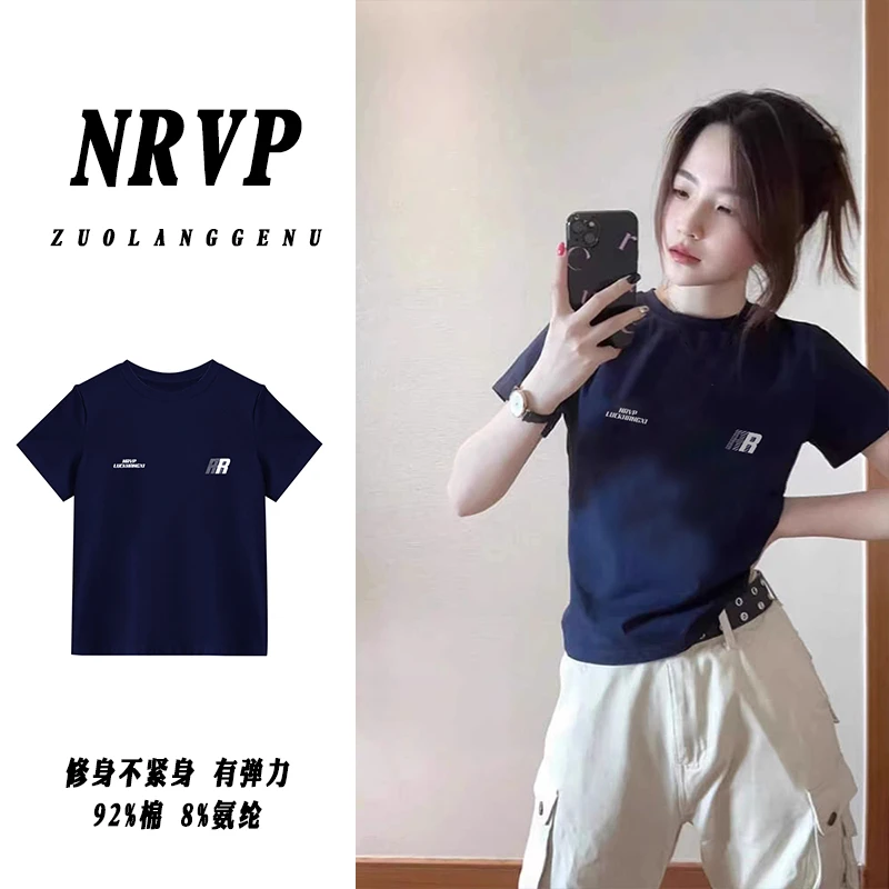 品质个性简约风短袖正肩修身t恤女韩系复古高弹力棉大码女装上衣