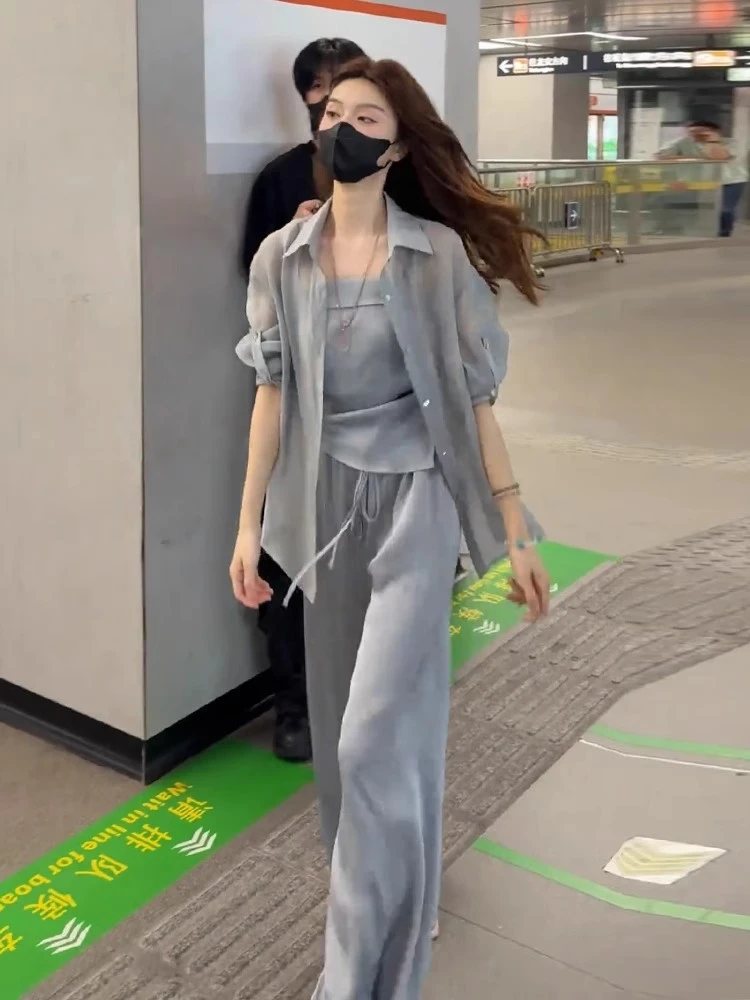 2025夏季新款一整套韩系高级感运动休闲防晒衬衫吊带阔腿裤三件套