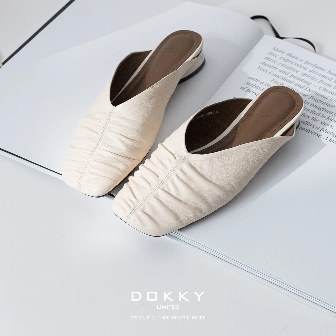 【马德里假日】DOKKY品牌订单.真皮羊皮设计感褶皱平底懒人包头拖鞋