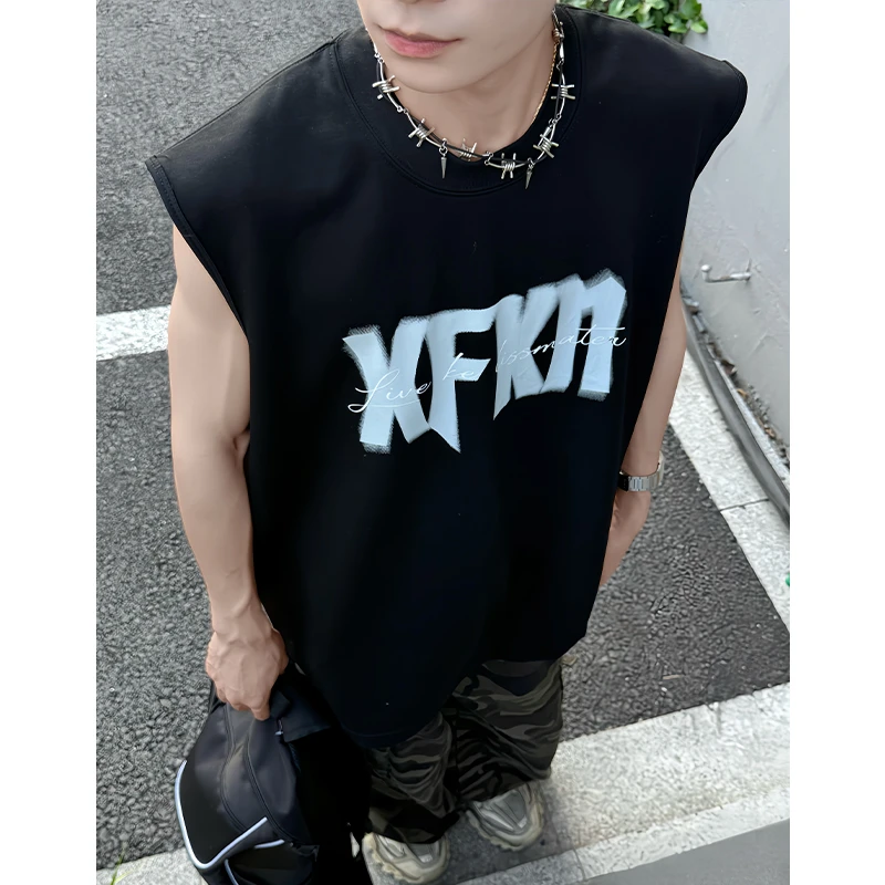 夏季港风男士印花背心潮牌宽松凉感透气抗皱无袖T恤休闲运动夏装