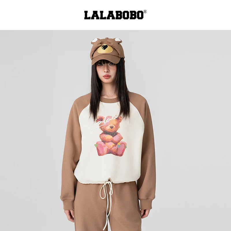 LALABOBO2025新款拼色休闲时尚长袖小熊套头衫RBEA-TS11