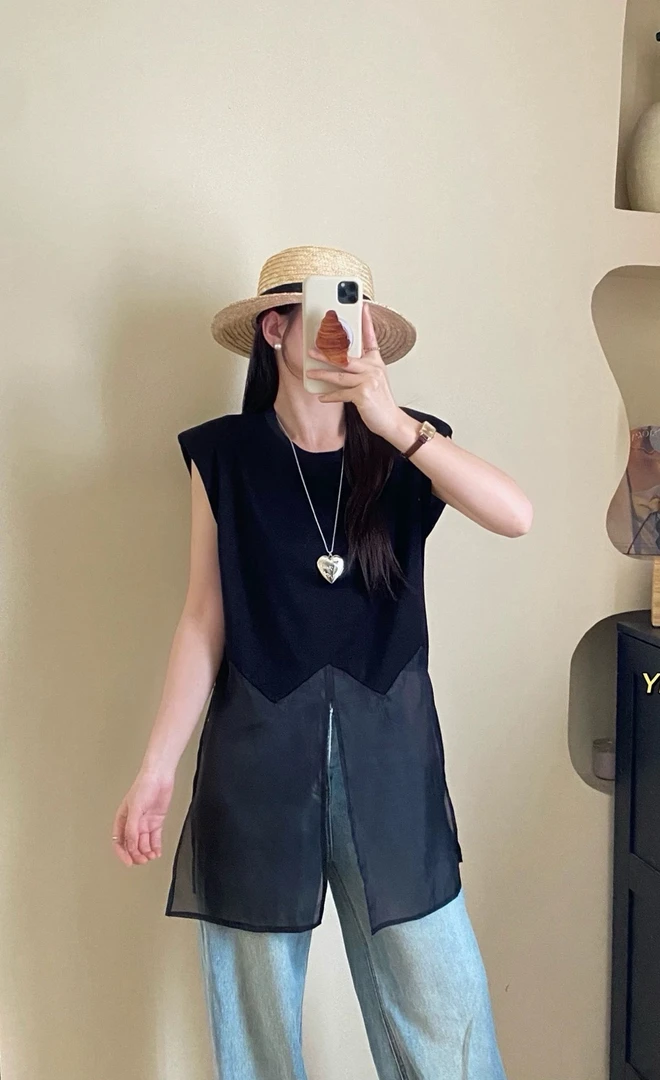 【特价不退不换）韩版气质圆领宽松显瘦休闲拼接网纱开叉（T恤）百搭