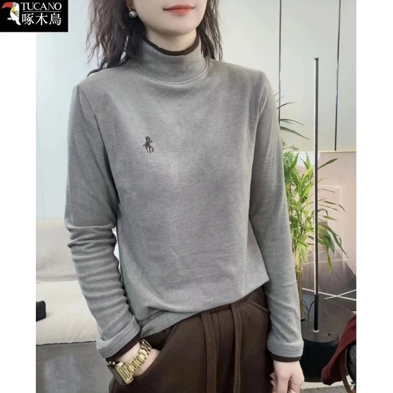 啄木鸟秋季保暖女装半高领套头打底衫2025年新款长袖纯色刺绣上衣
