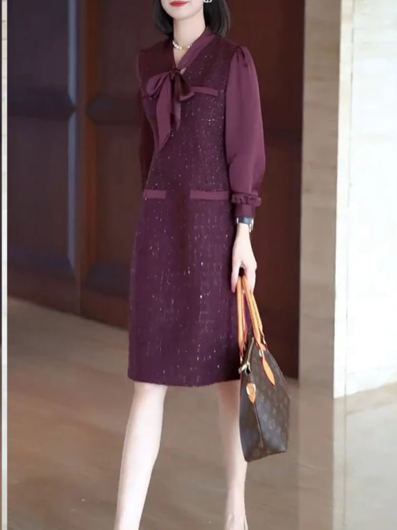 紫色细闪飘带连衣裙女装大码胖MM优雅小香风裙子2025年秋季款长裙