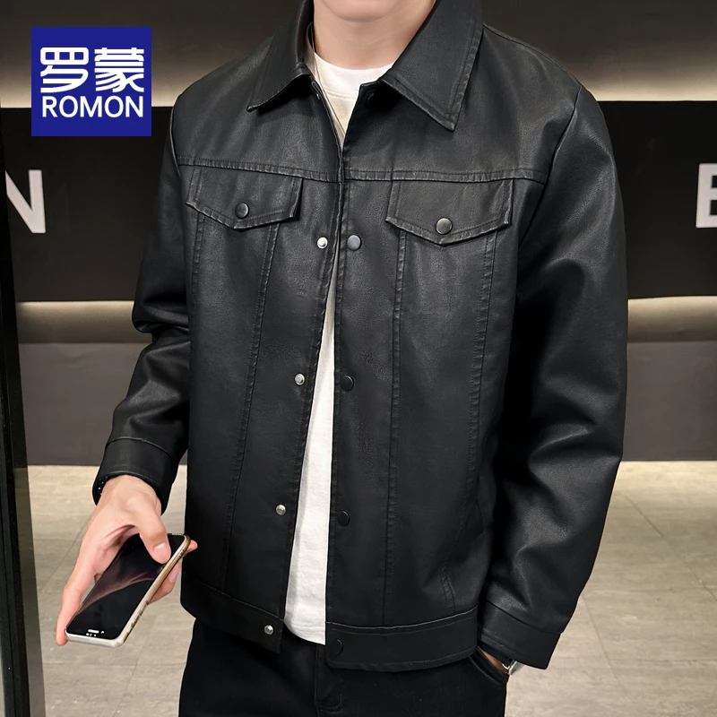 罗蒙男士春秋款翻领皮夹克男款潮流帅气机车服春季百搭皮衣外套男