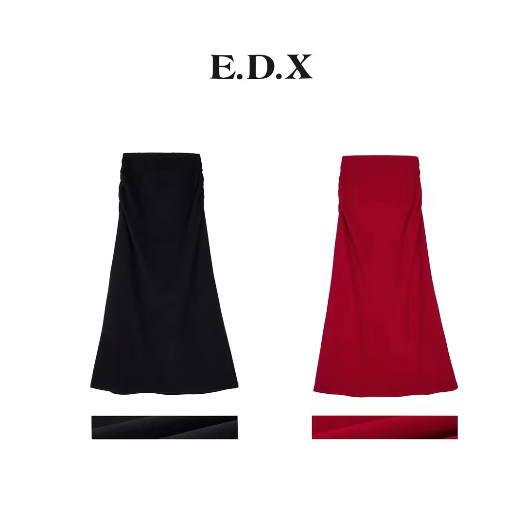 EDX秋冬原创设计感小众德绒高腰显瘦A字裙女基础褶皱半身裙8580B