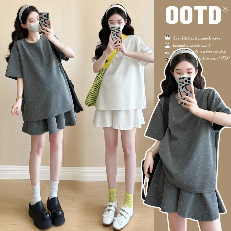 设计感孕妇套装夏季美式复古重工满钻宽松短袖孕妇T恤上衣两件套