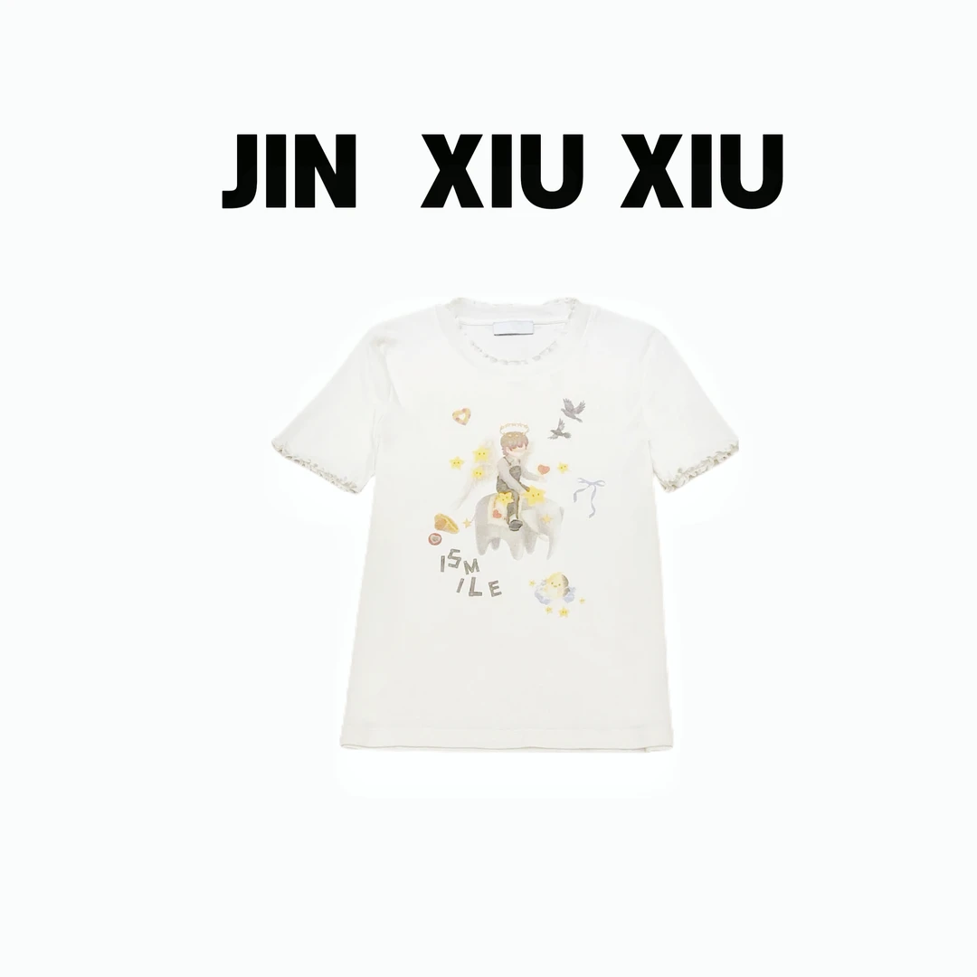 JINXIUXIU夏季新款卡通小清新少女风天使男孩卡通韩系甜美短袖076