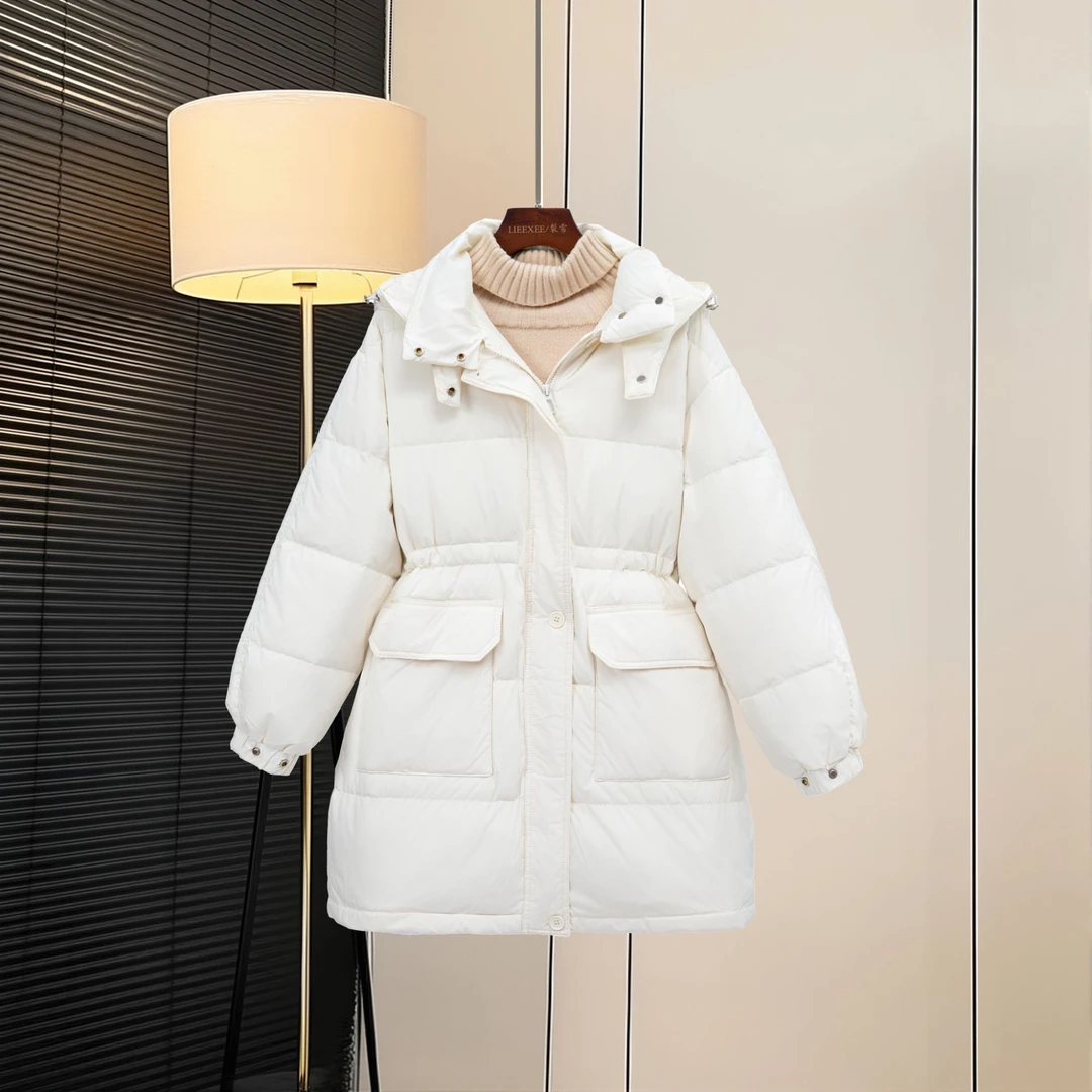 冬季新款抽绳T1连帽中长款百搭白鸭绒宽松时尚韩版羽绒服外套