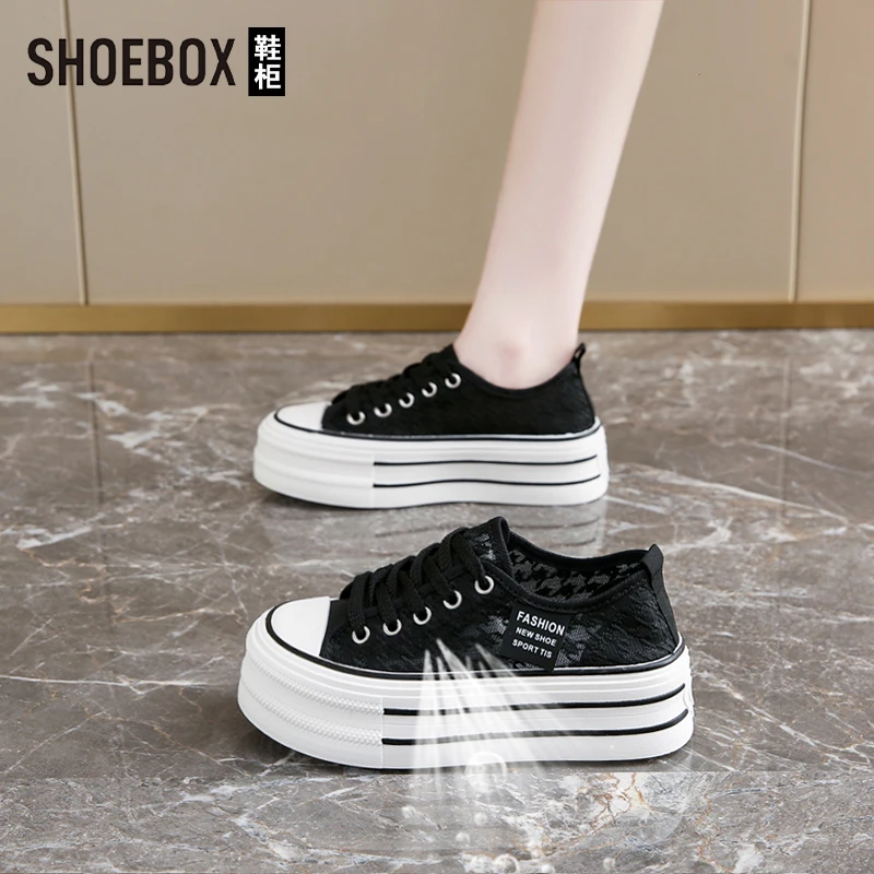 SHOEBOX鞋柜厚底帆布鞋女2025夏季透气网纱千鸟格百搭厚底板鞋