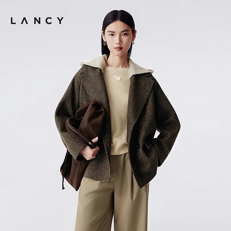 【羊毛】LANCY/朗姿2025冬新款高级感通勤大翻领双排扣西装外套女