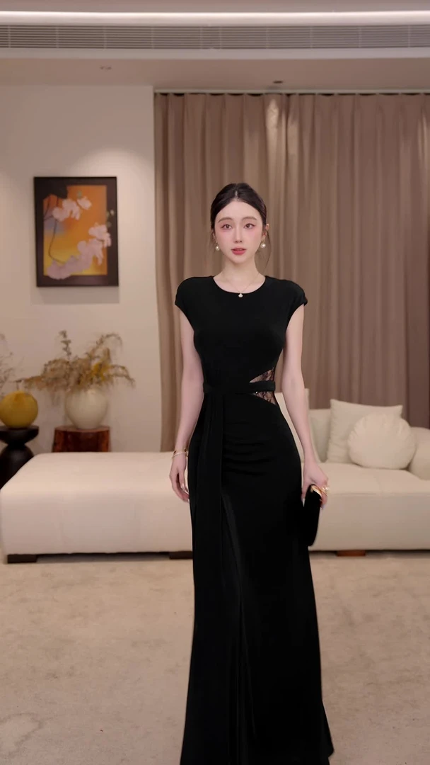 【苏渺】花织梦 夏季新款法式时尚高级黑色收腰显瘦连衣裙-VG0243