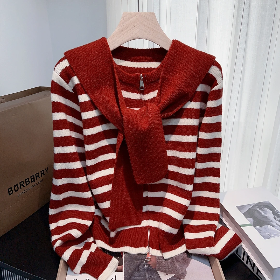 韩系学院风连帽披肩条纹针织开衫女秋冬减龄百搭圆领毛衣外套上衣