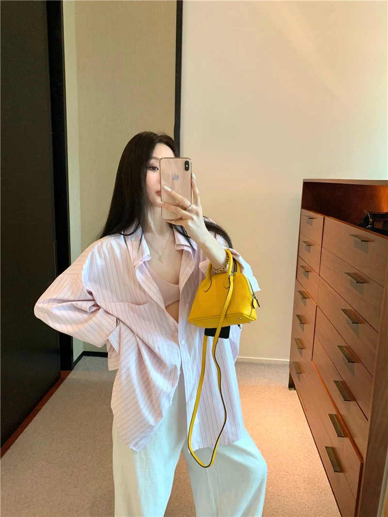时尚粉色条纹衬衣女宽松百搭休闲上衣别致衬衣防晒裤子套装8195#
