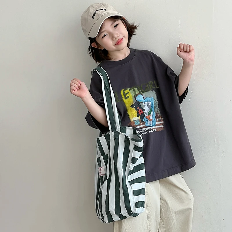 【现货】潮牌数码印花中长款男女儿童T恤童装洋气卡通风短袖上衣