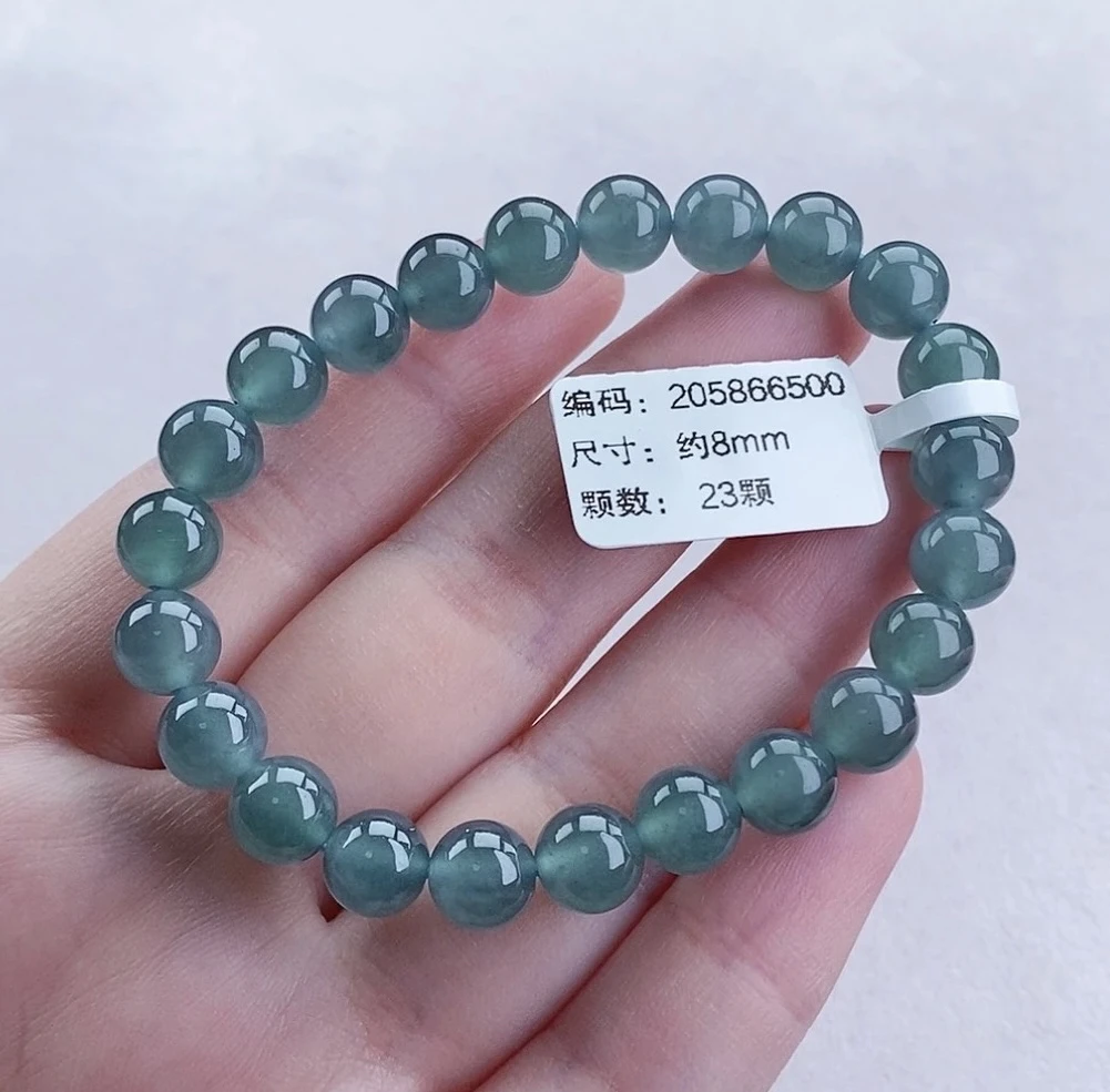 天然A货翡翠手串 卡8 冰种蓝钢圆珠手串 冰蓝水 冰透气质轻奢女款