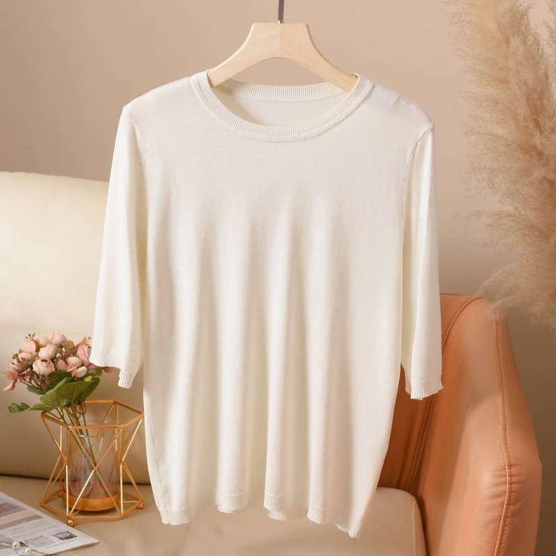 【桑蚕丝+山羊绒】康赛妮丝绒夏季透气圆领高级感薄款宽松针织半袖