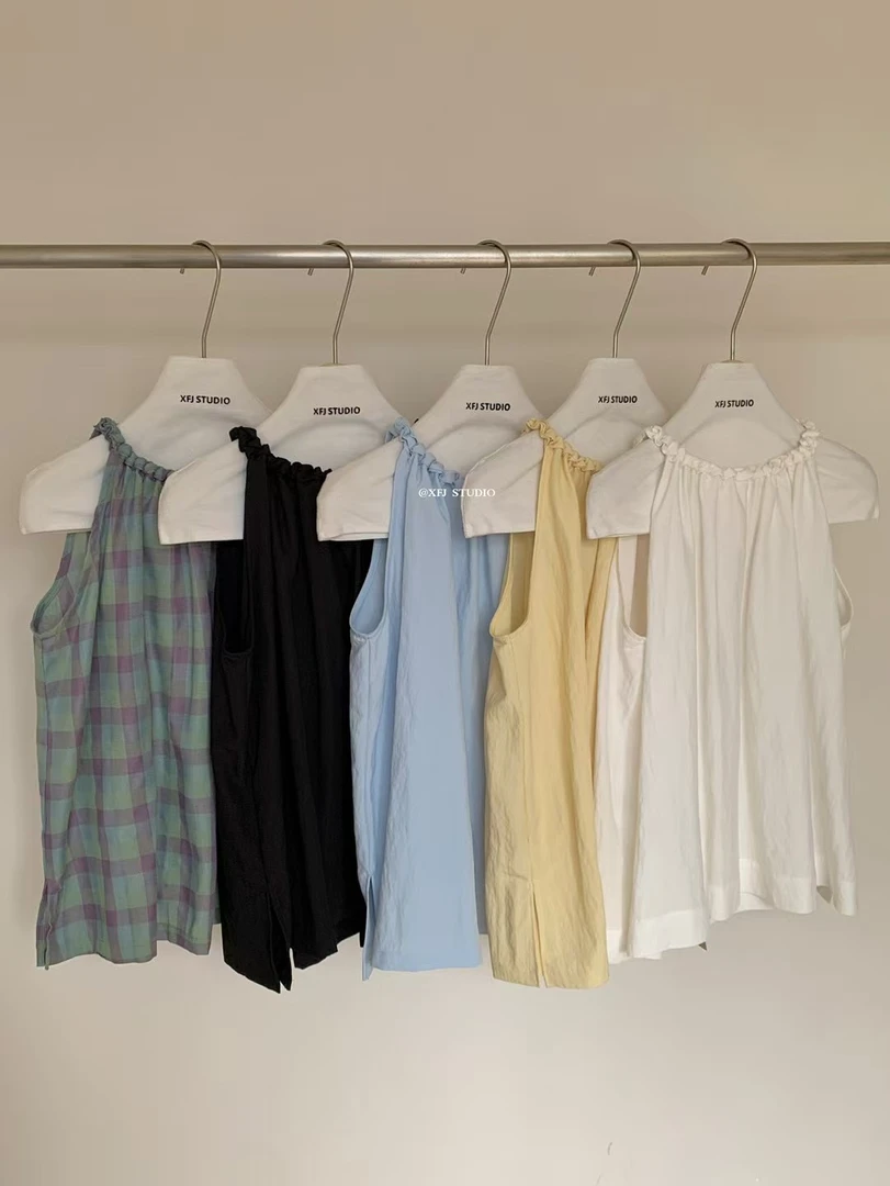 韩系设计感挂脖吊带背心女夏季宽松显瘦无袖休闲上衣