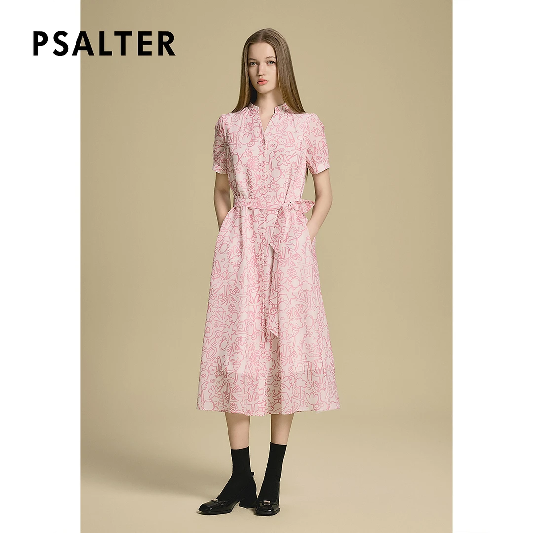 PSALTER诗篇专选法式气质手绘涂鸦印花显瘦时尚连衣裙2025夏季新