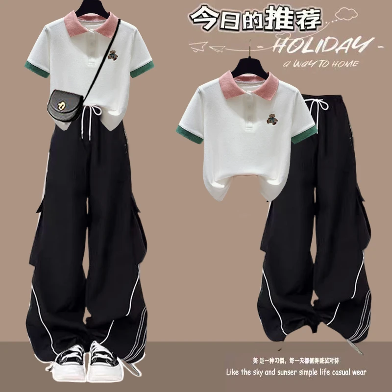 夏季新款女大童学生初中高中生短袖T恤工装裤洋气休闲运动套装潮