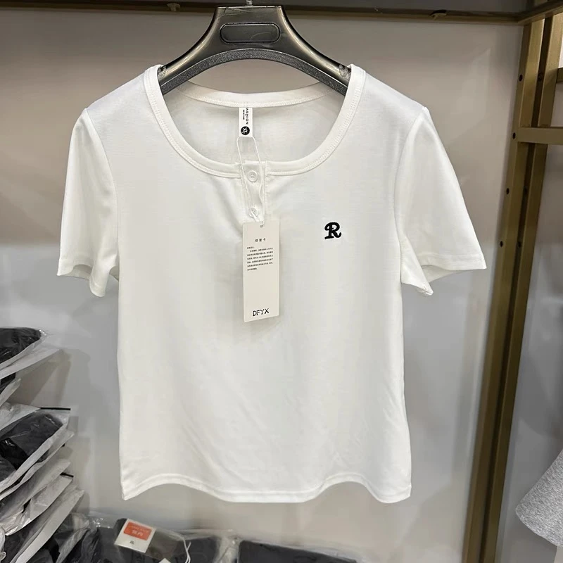 2025春夏新款时尚设计感圆领短袖T恤女修身显瘦百搭打底衫上衣t恤