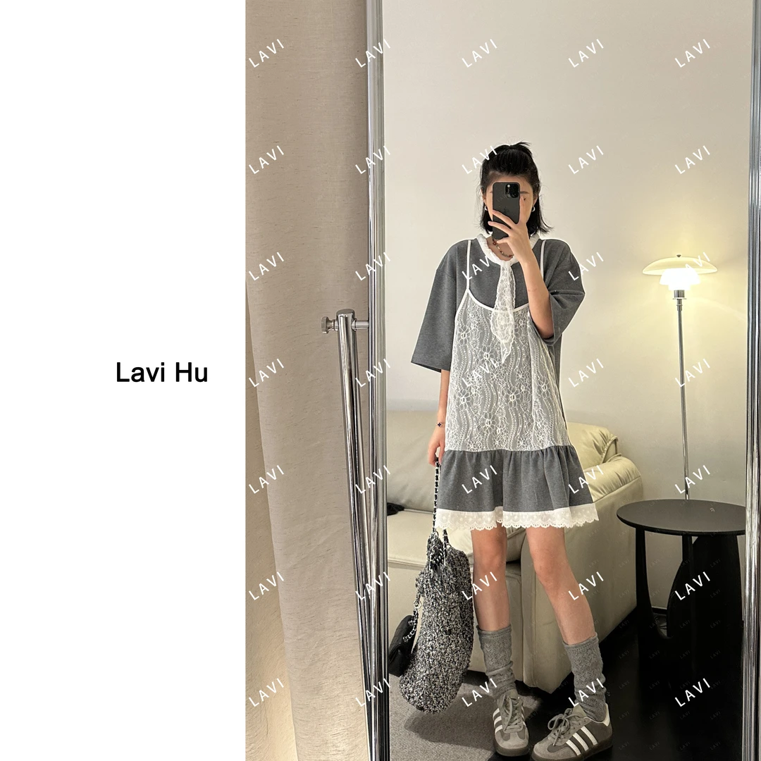 月光宝盒 时尚休闲拼接蕾丝假两件设计师大版T裙80060