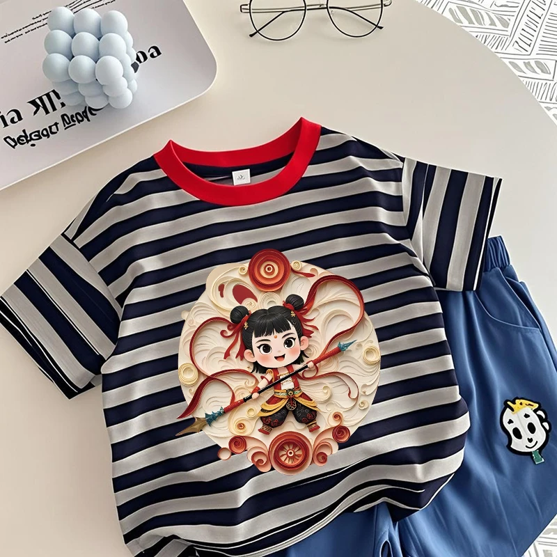 哪吒2025新款童装纯棉夏季儿童短袖条纹t恤男女童上衣国潮打底衫